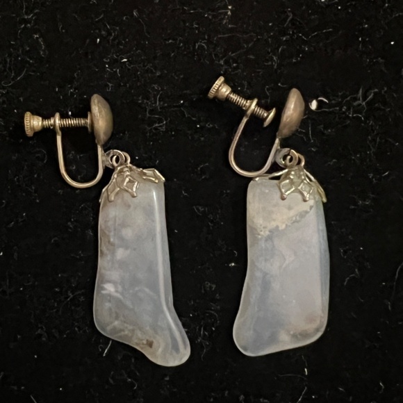 Vintage Sterling Silver Screw-Back Earrings with White Blue Agate Stones - Picture 2 of 3